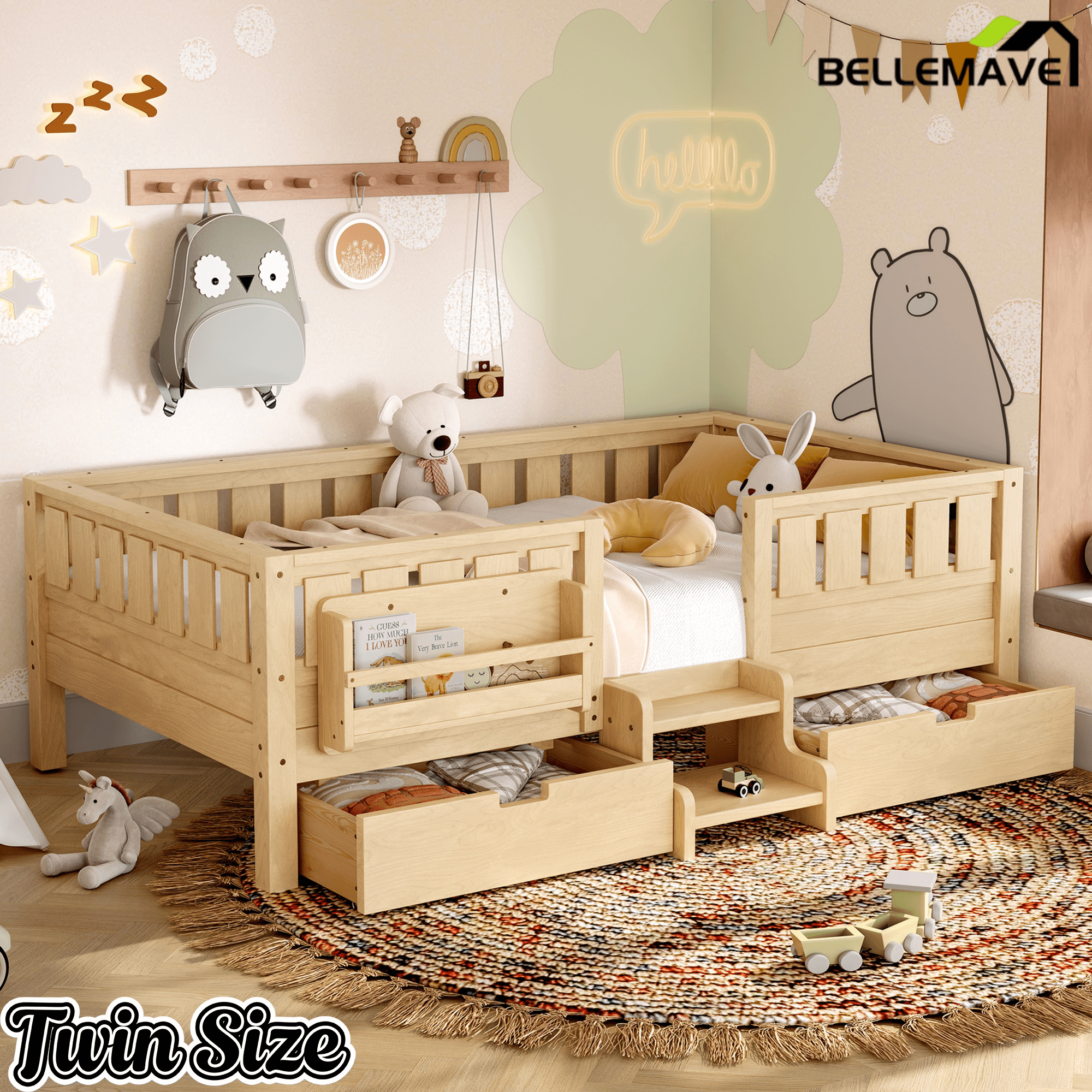 Bellemave® Full Montessori Floor Bed with Bookshelves & Storage Drawers - Bellemave