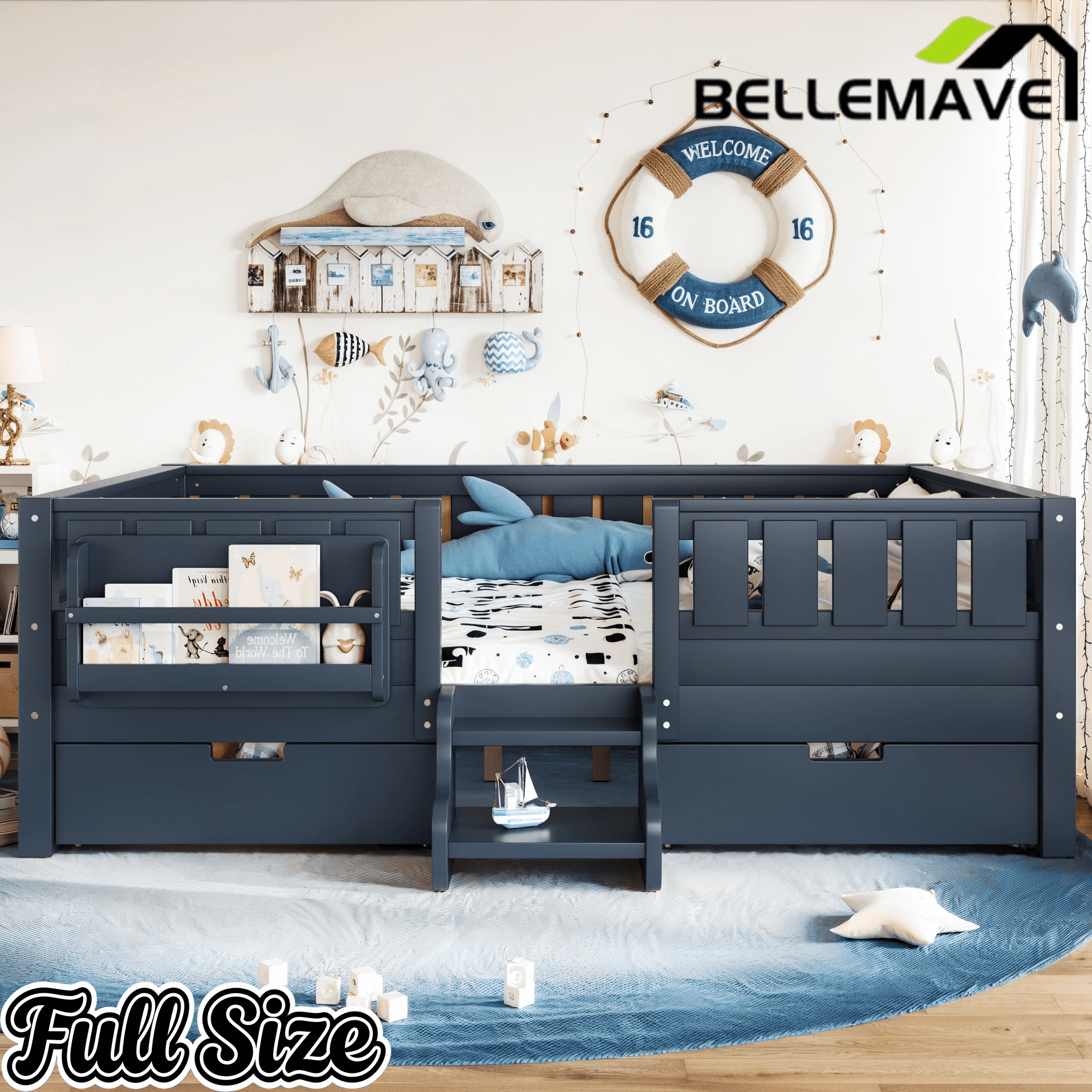 Bellemave® Full Montessori Floor Bed with Bookshelves & Storage Drawers - Bellemave