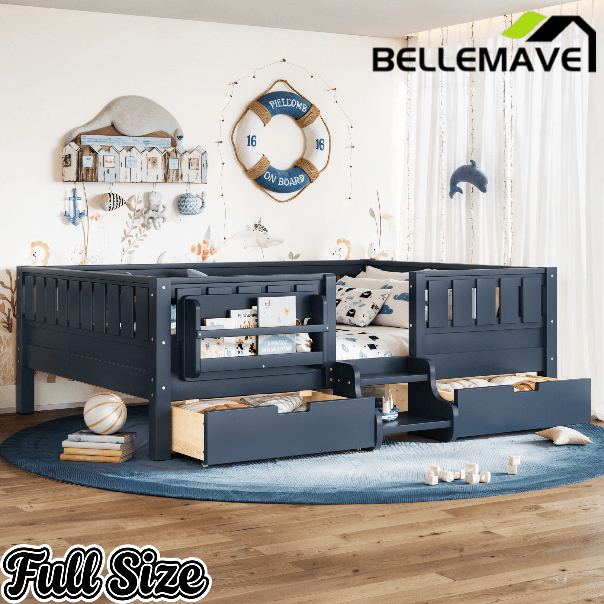 Bellemave® Full Montessori Floor Bed with Bookshelves & Storage Drawers - Bellemave