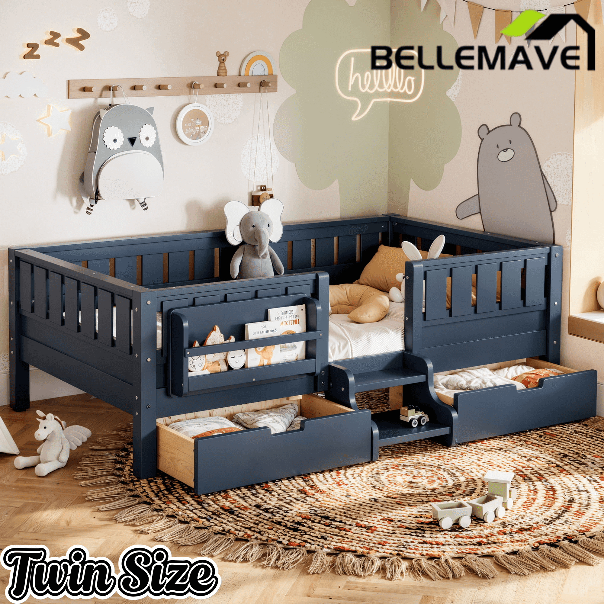 Bellemave® Full Montessori Floor Bed with Bookshelves & Storage Drawers - Bellemave