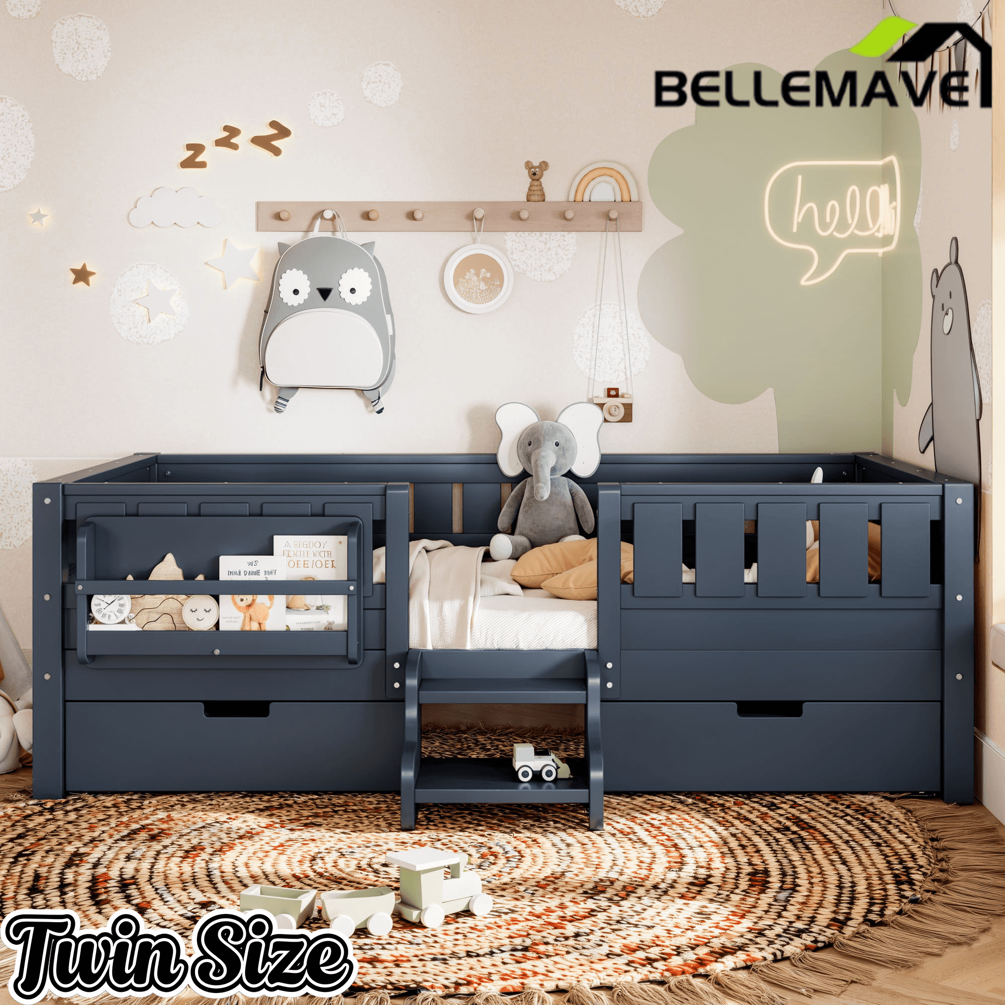 Bellemave® Full Montessori Floor Bed with Bookshelves & Storage Drawers - Bellemave