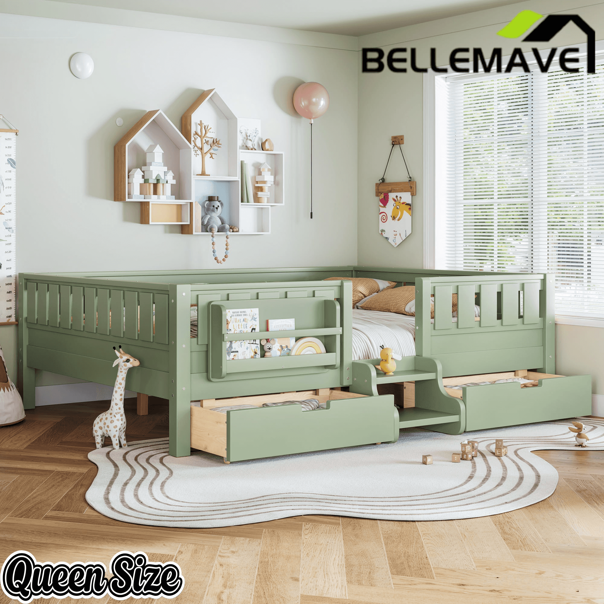 Bellemave® Full Montessori Floor Bed with Bookshelves & Storage Drawers - Bellemave