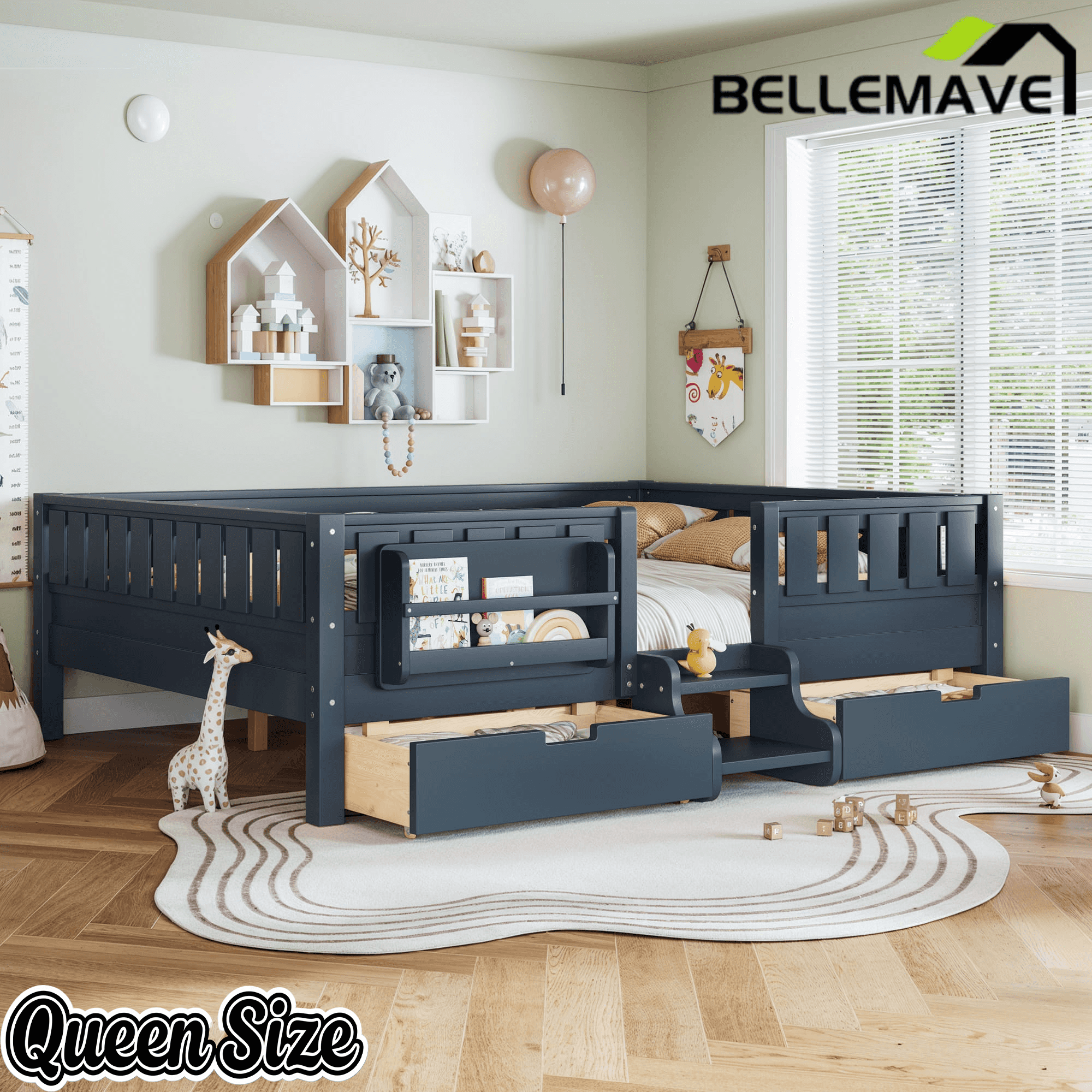 Bellemave® Full Montessori Floor Bed with Bookshelves & Storage Drawers - Bellemave