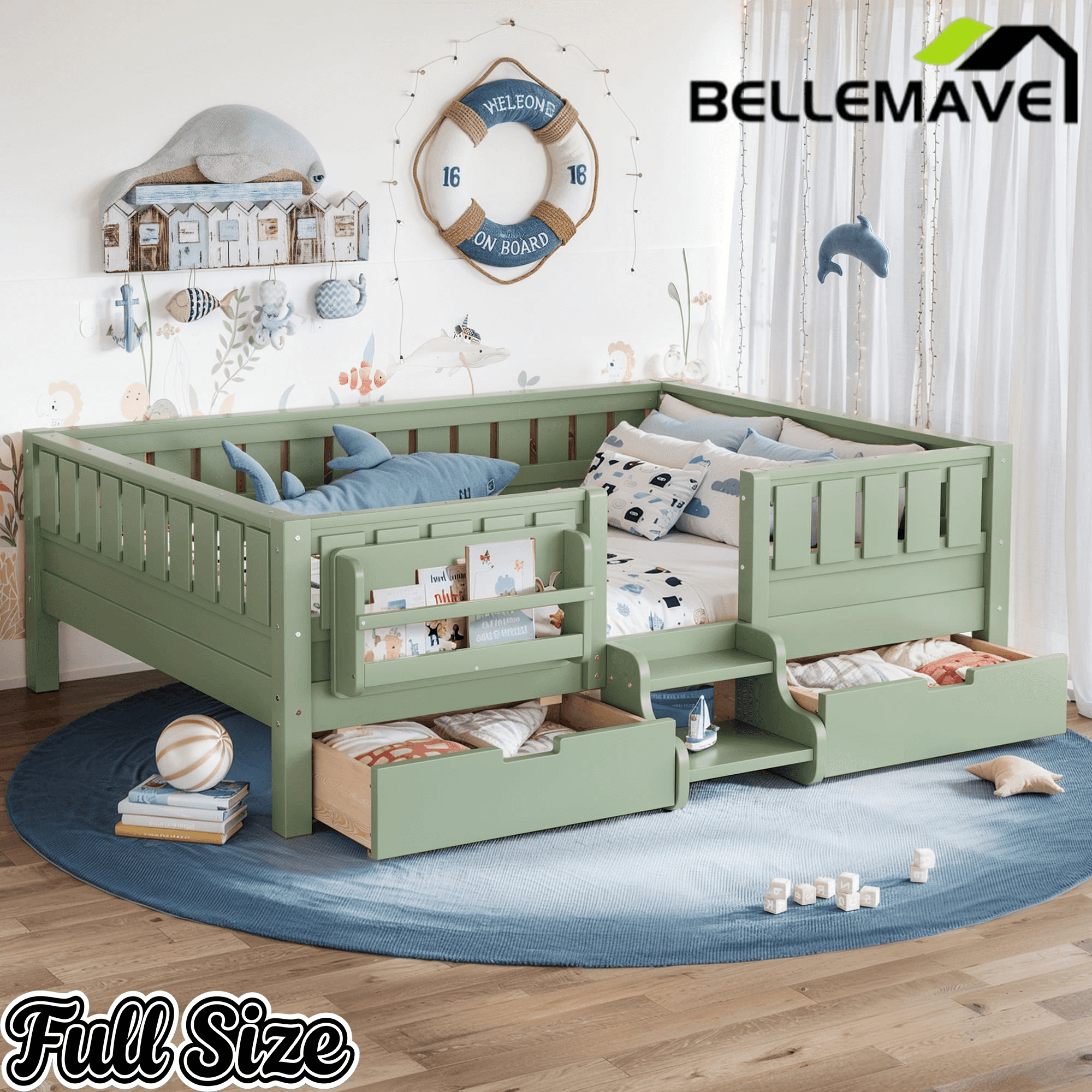 Bellemave® Full Montessori Floor Bed with Bookshelves & Storage Drawers - Bellemave