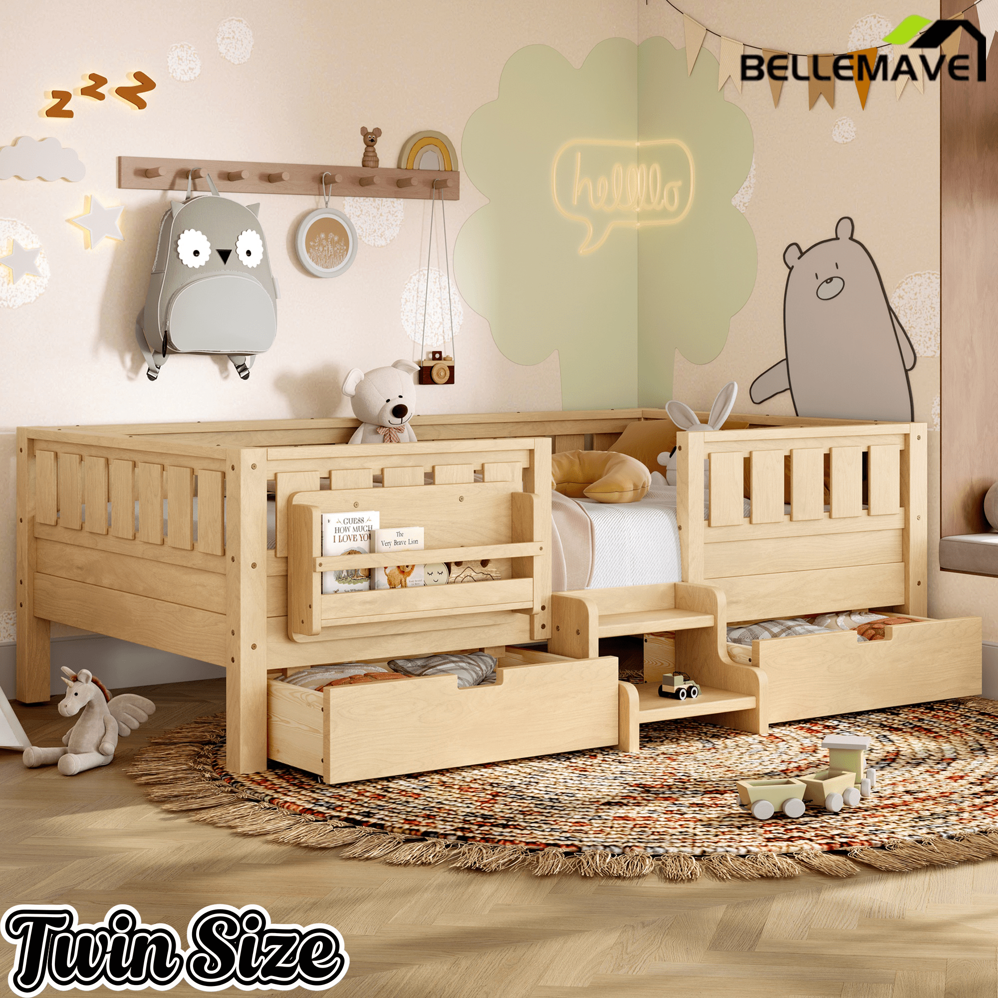 Bellemave® Full Montessori Floor Bed with Bookshelves & Storage Drawers - Bellemave