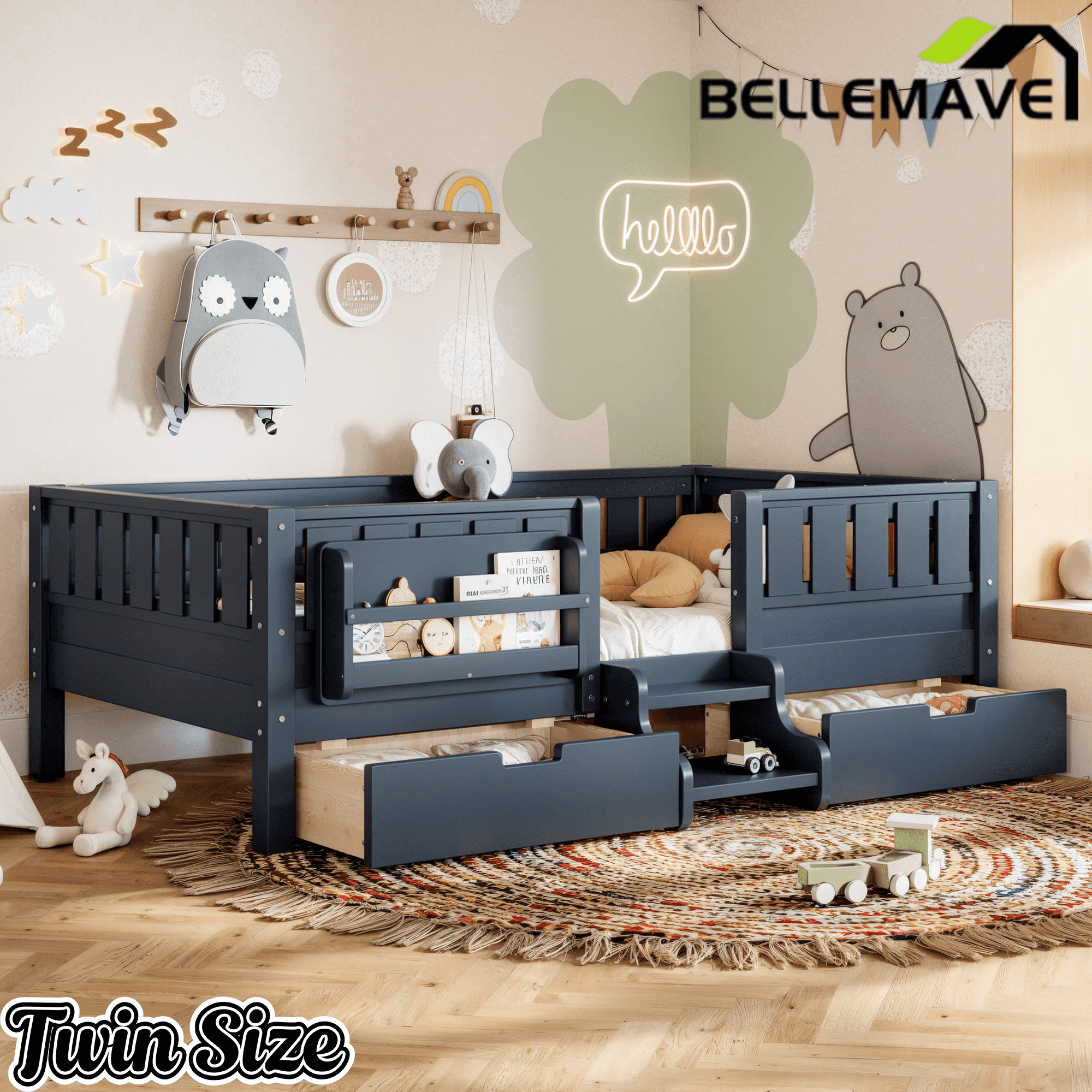Bellemave® Full Montessori Floor Bed with Bookshelves & Storage Drawers - Bellemave