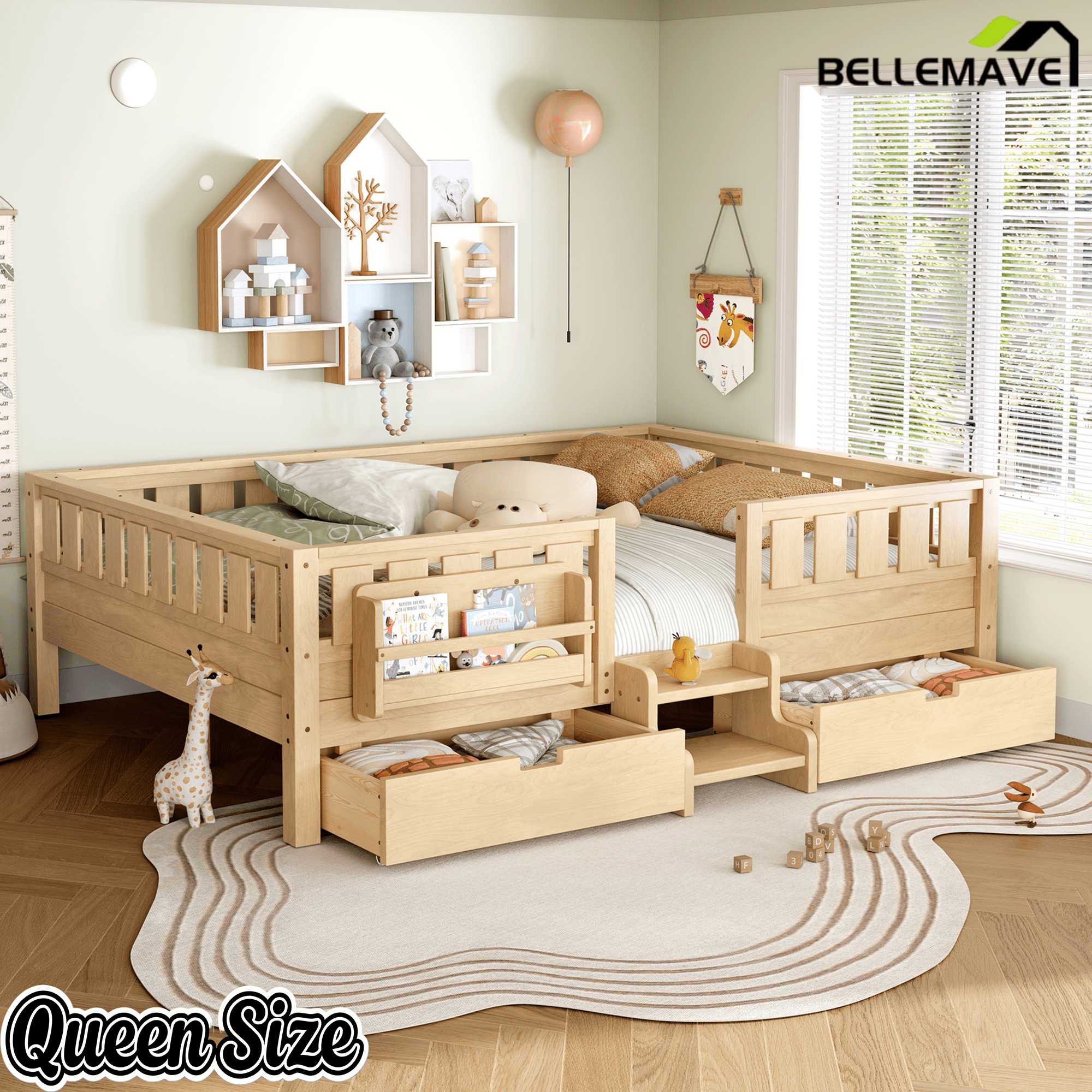 Bellemave® Full Montessori Floor Bed with Bookshelves & Storage Drawers - Bellemave