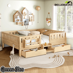 Bellemave® Full Montessori Floor Bed with Bookshelves & Storage Drawers - Bellemave