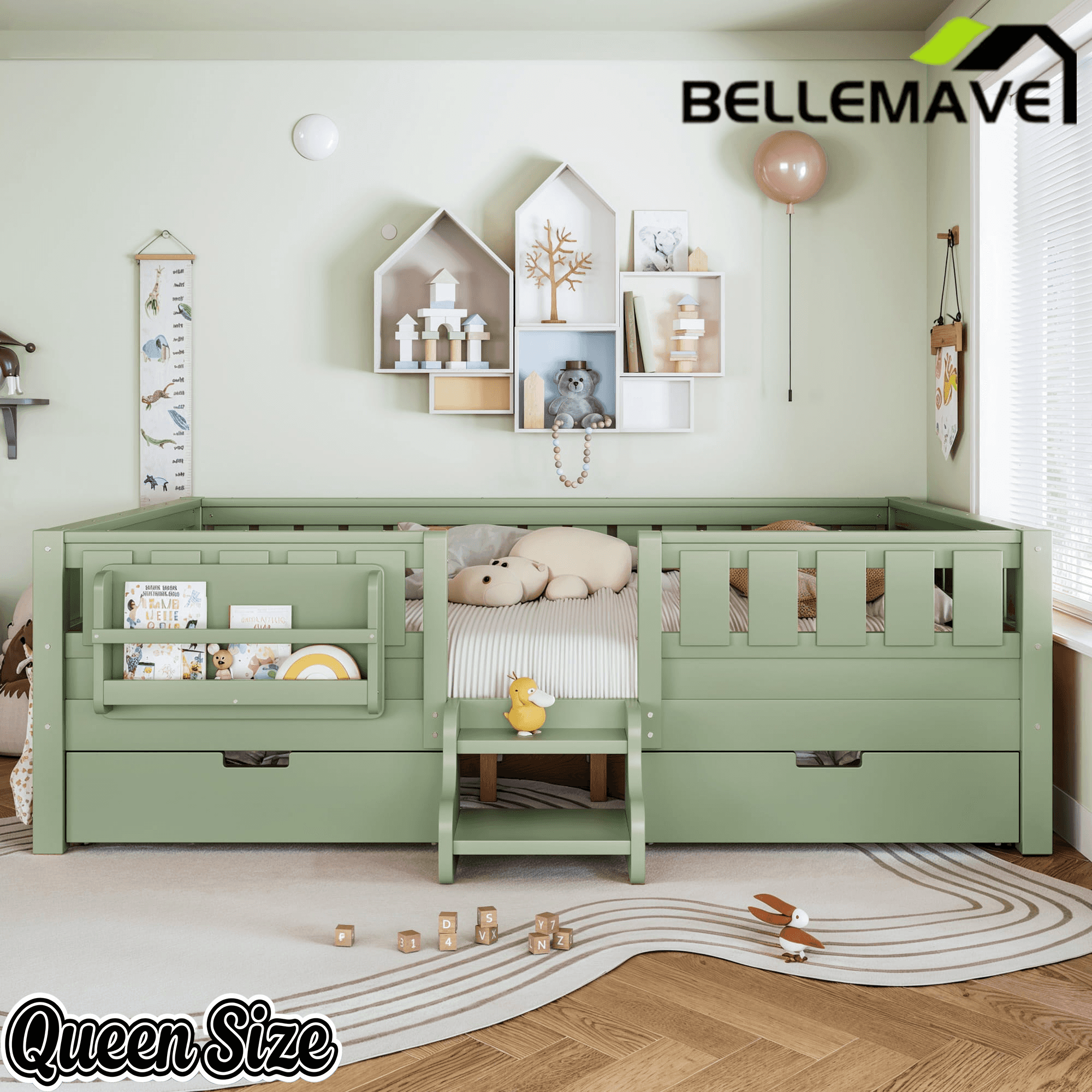 Bellemave® Full Montessori Floor Bed with Bookshelves & Storage Drawers - Bellemave