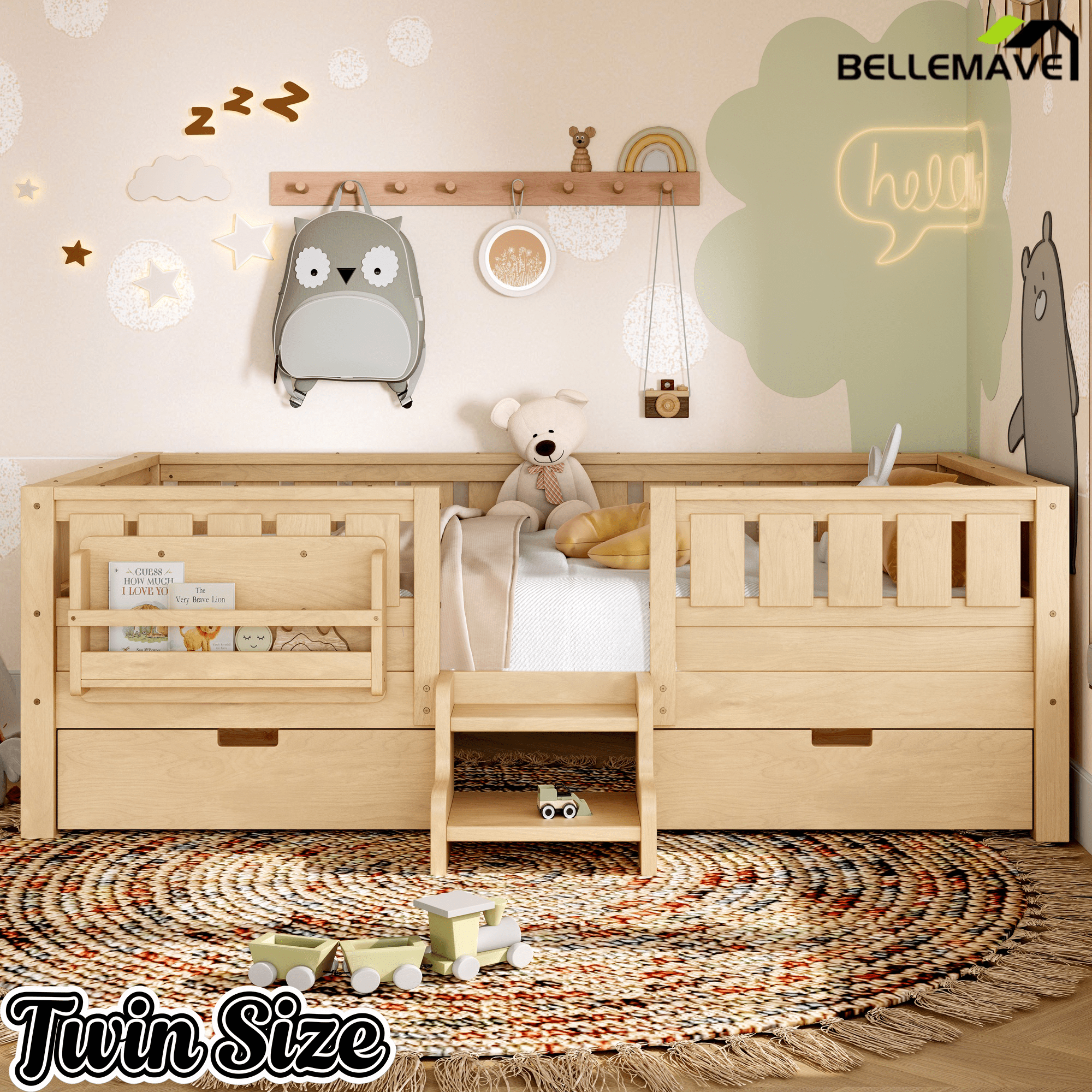Bellemave® Full Montessori Floor Bed with Bookshelves & Storage Drawers - Bellemave