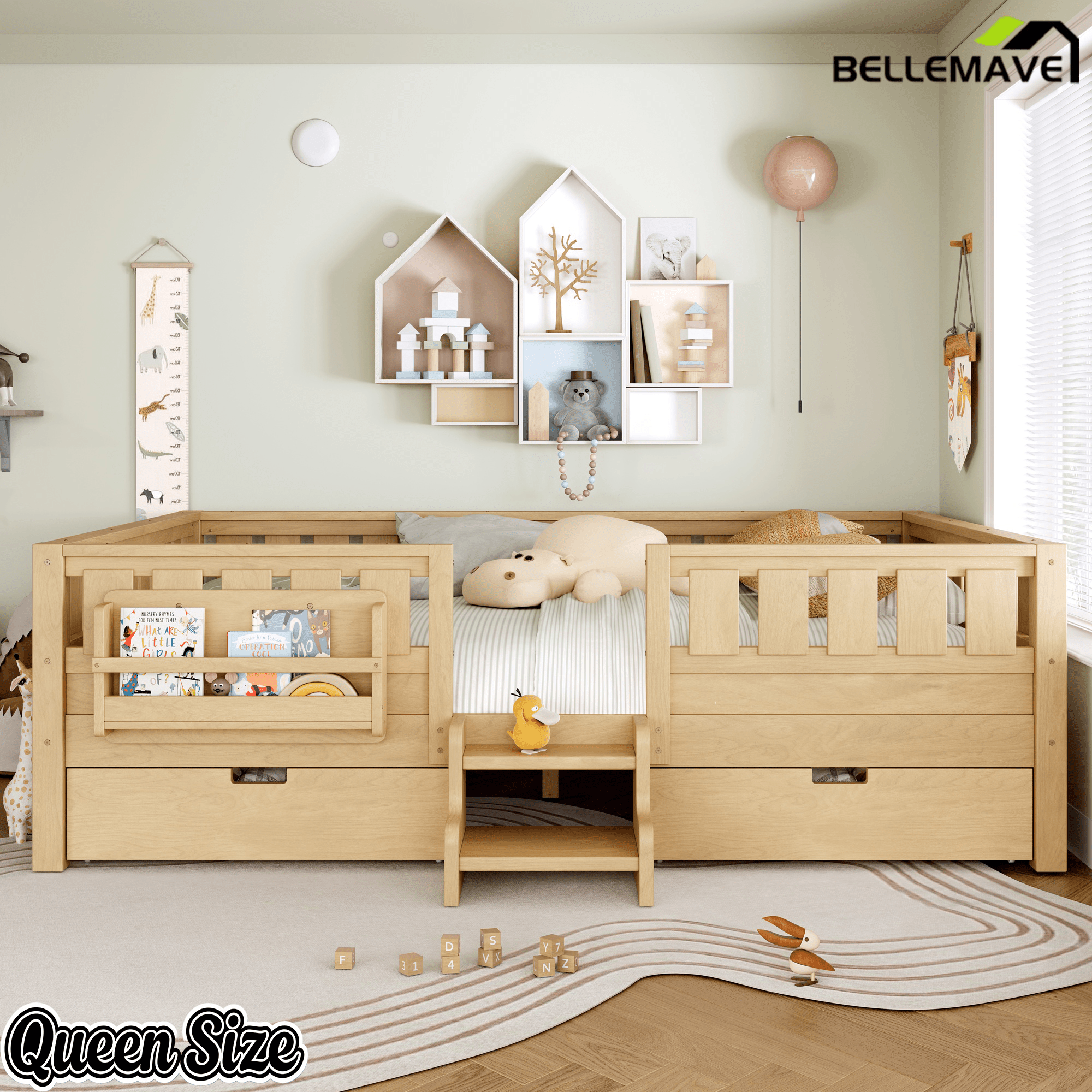 Bellemave® Full Montessori Floor Bed with Bookshelves & Storage Drawers - Bellemave