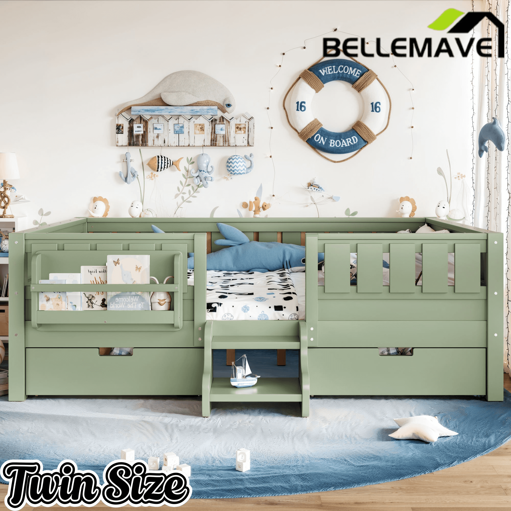 Bellemave® Full Montessori Floor Bed with Bookshelves & Storage Drawers - Bellemave