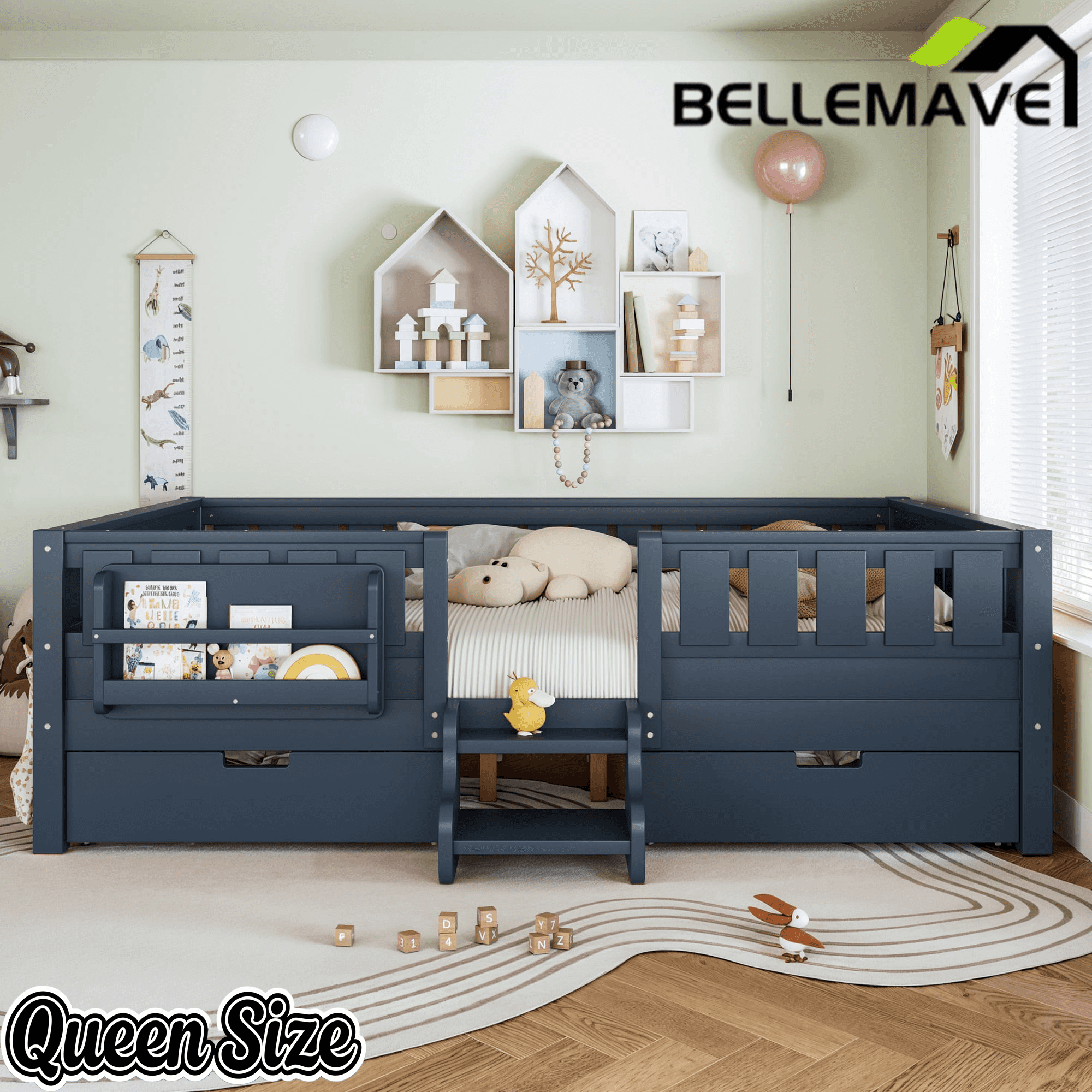 Bellemave® Full Montessori Floor Bed with Bookshelves & Storage Drawers - Bellemave