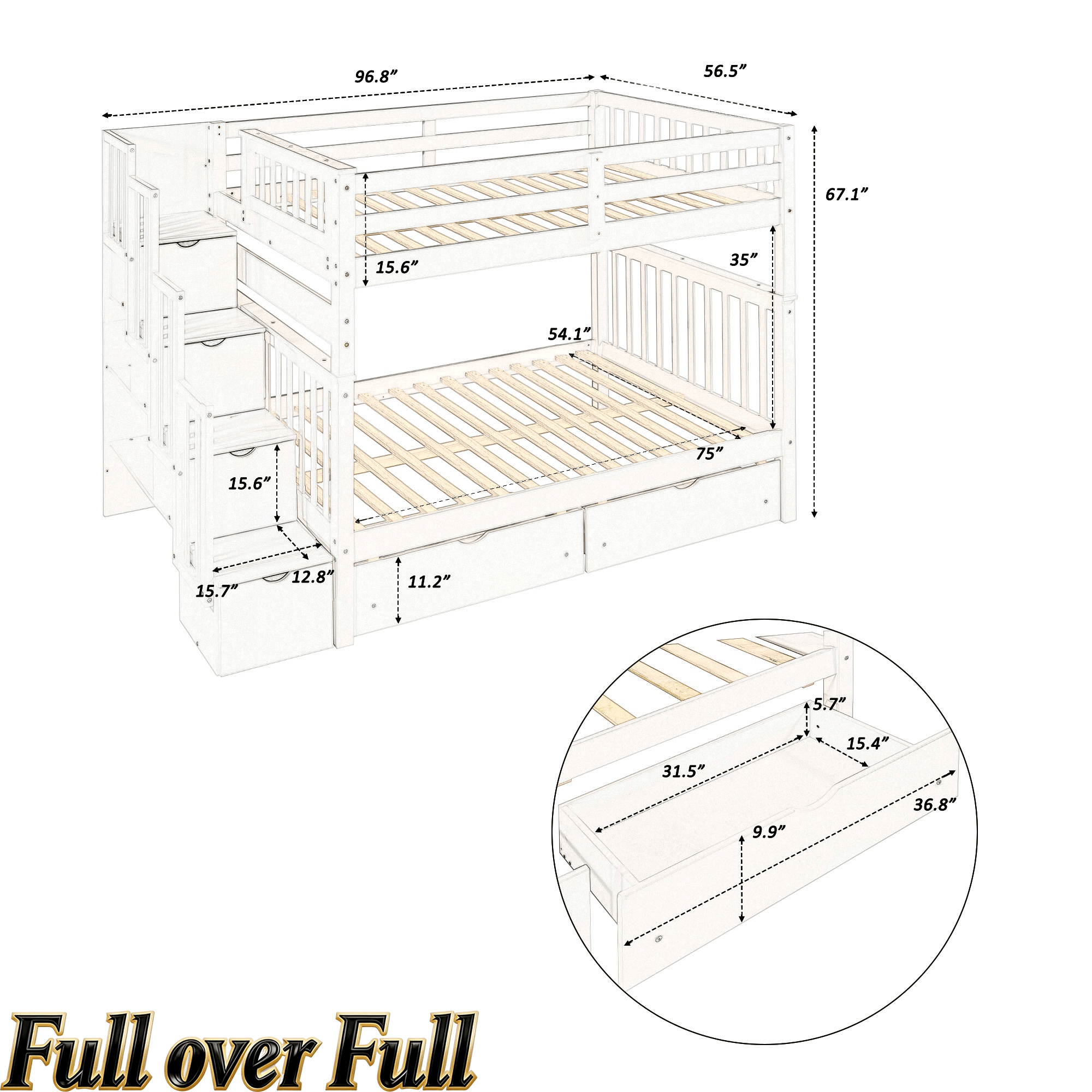 Bellemave® Full Over Full Bunk Bed with Drawers & Stairway Storage, Converitable Bunk Bed Frame - Bellemave