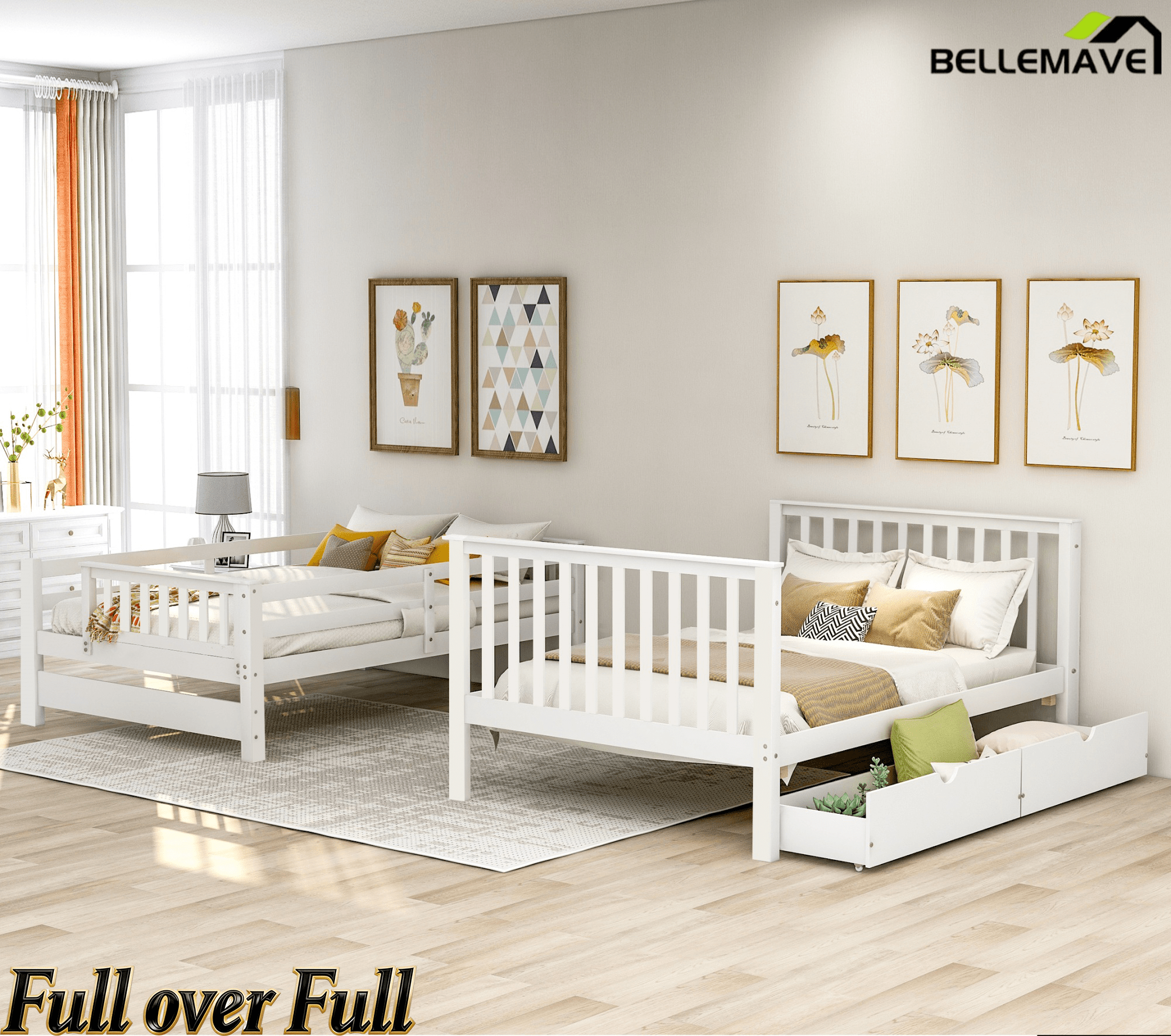 Bellemave® Full Over Full Bunk Bed with Drawers & Stairway Storage, Converitable Bunk Bed Frame - Bellemave