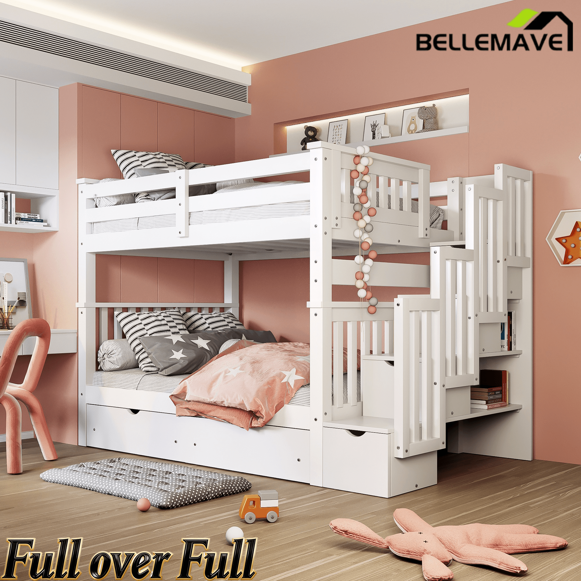 Bellemave® Full Over Full Bunk Bed with Drawers & Stairway Storage, Converitable Bunk Bed Frame - Bellemave