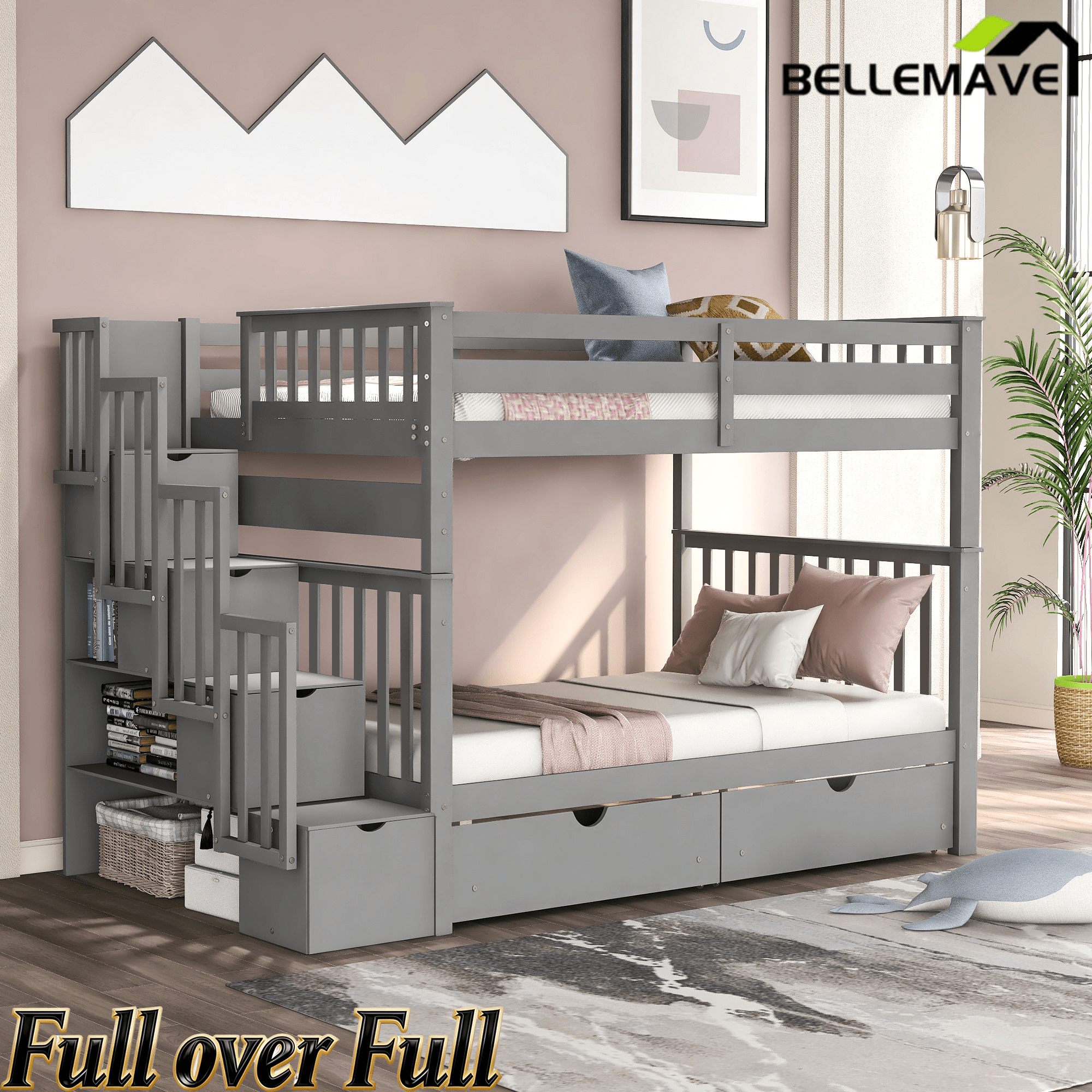 Bellemave® Full Over Full Bunk Bed with Drawers & Stairway Storage, Converitable Bunk Bed Frame - Bellemave