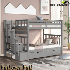 Bellemave® Full Over Full Bunk Bed with Drawers & Stairway Storage, Converitable Bunk Bed Frame - Bellemave