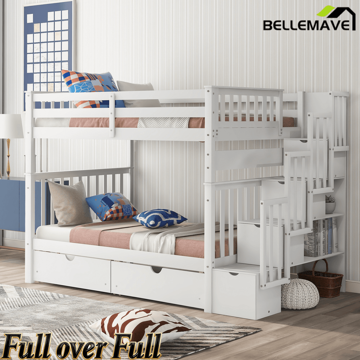 Bellemave® Full Over Full Bunk Bed with Drawers & Stairway Storage, Converitable Bunk Bed Frame - Bellemave
