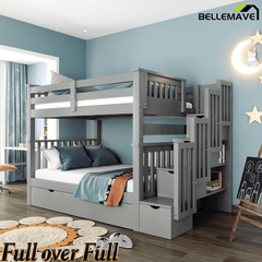 Bellemave® Full Over Full Bunk Bed with Drawers & Stairway Storage, Converitable Bunk Bed Frame - Bellemave