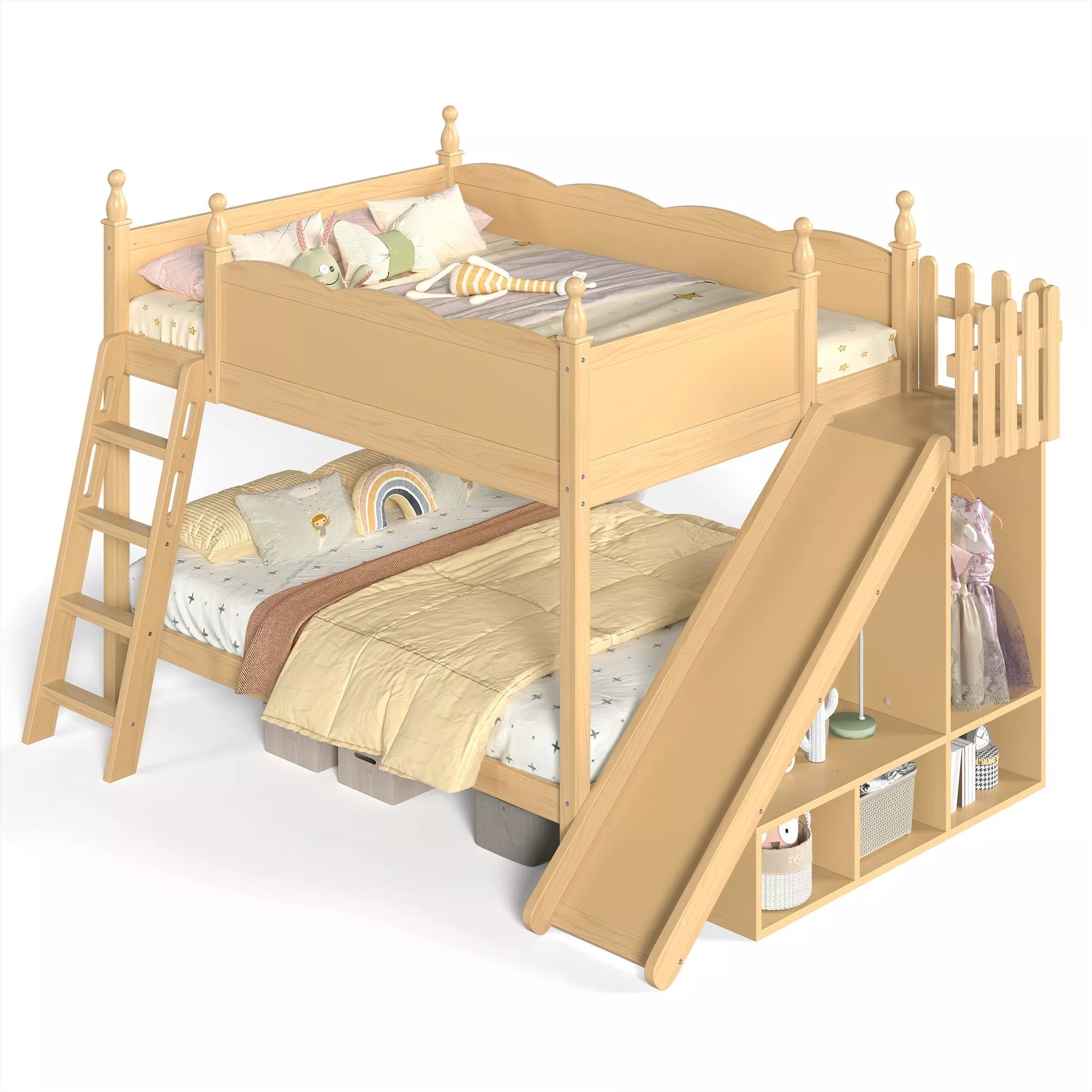 Bellemave® Full over Full Bunk Bed with Storage Shelves,Solid Wood Bed with Slide & Ladders, Low Profile Design - Bellemave
