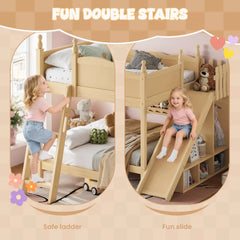 Bellemave® Full over Full Bunk Bed with Storage Shelves,Solid Wood Bed with Slide & Ladders, Low Profile Design - Bellemave