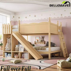 Bellemave® Full over Full Bunk Bed with Storage Shelves,Solid Wood Bed with Slide & Ladders, Low Profile Design - Bellemave