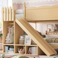 Bellemave® Full over Full Bunk Bed with Storage Shelves,Solid Wood Bed with Slide & Ladders, Low Profile Design - Bellemave