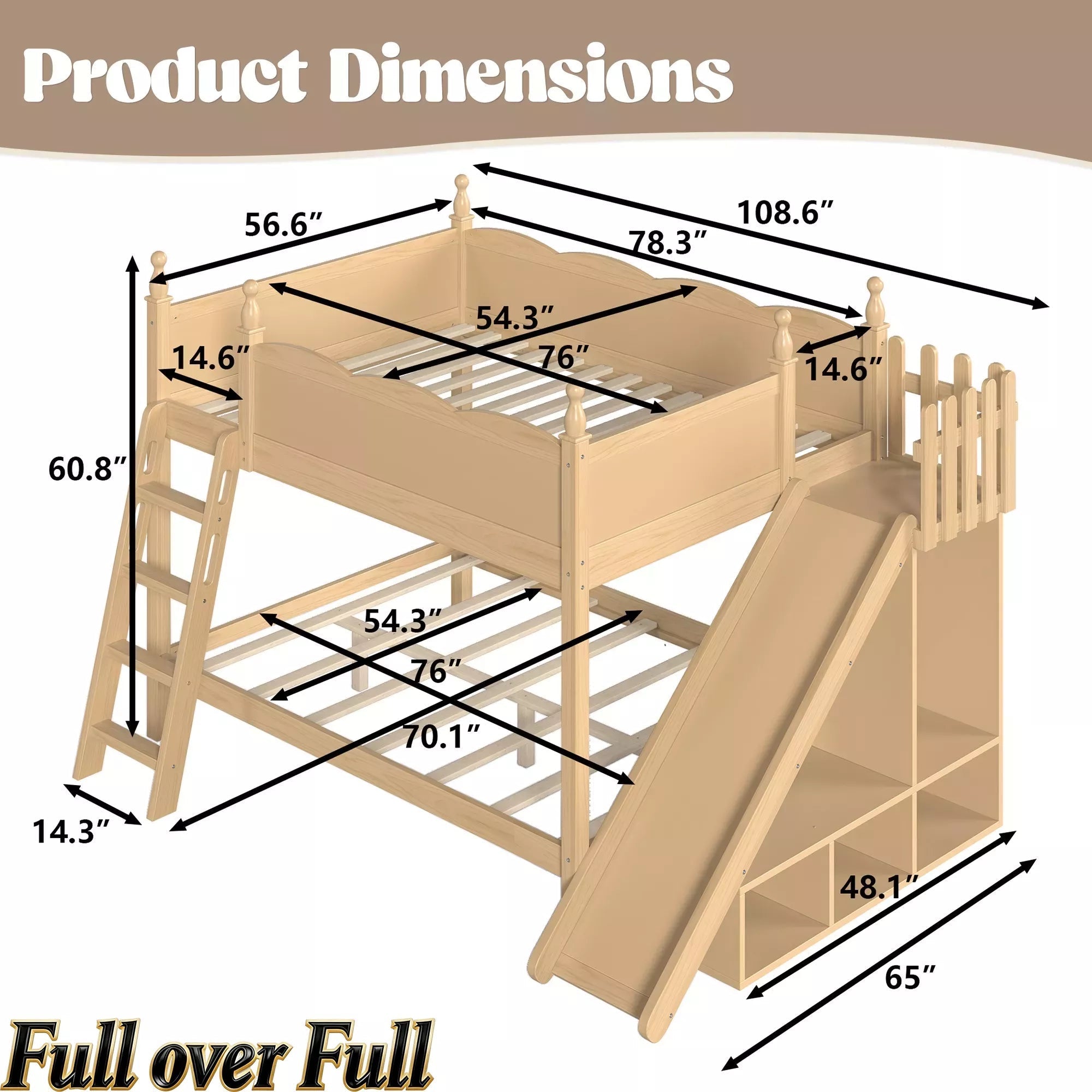 Bellemave® Full over Full Bunk Bed with Storage Shelves,Solid Wood Bed with Slide & Ladders, Low Profile Design - Bellemave