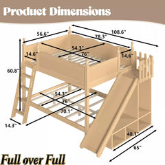 Bellemave® Full over Full Bunk Bed with Storage Shelves,Solid Wood Bed with Slide & Ladders, Low Profile Design - Bellemave