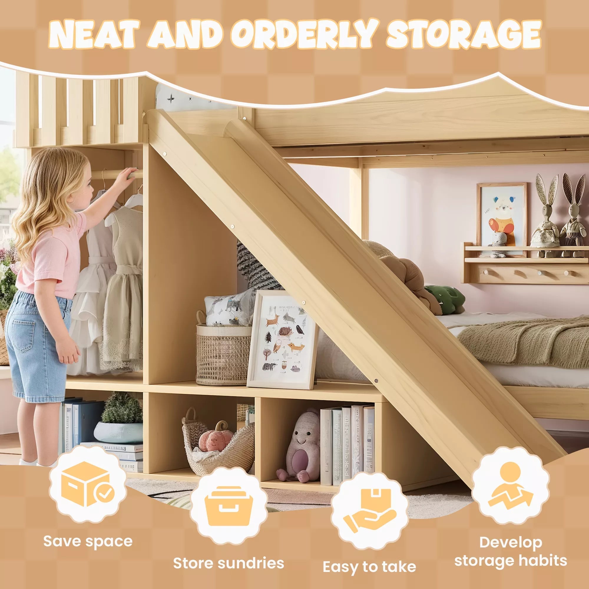Bellemave® Full over Full Bunk Bed with Storage Shelves,Solid Wood Bed with Slide & Ladders, Low Profile Design - Bellemave