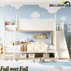 Bellemave® Full over Full Bunk Bed with Storage Shelves,Solid Wood Bed with Slide & Ladders, Low Profile Design - Bellemave
