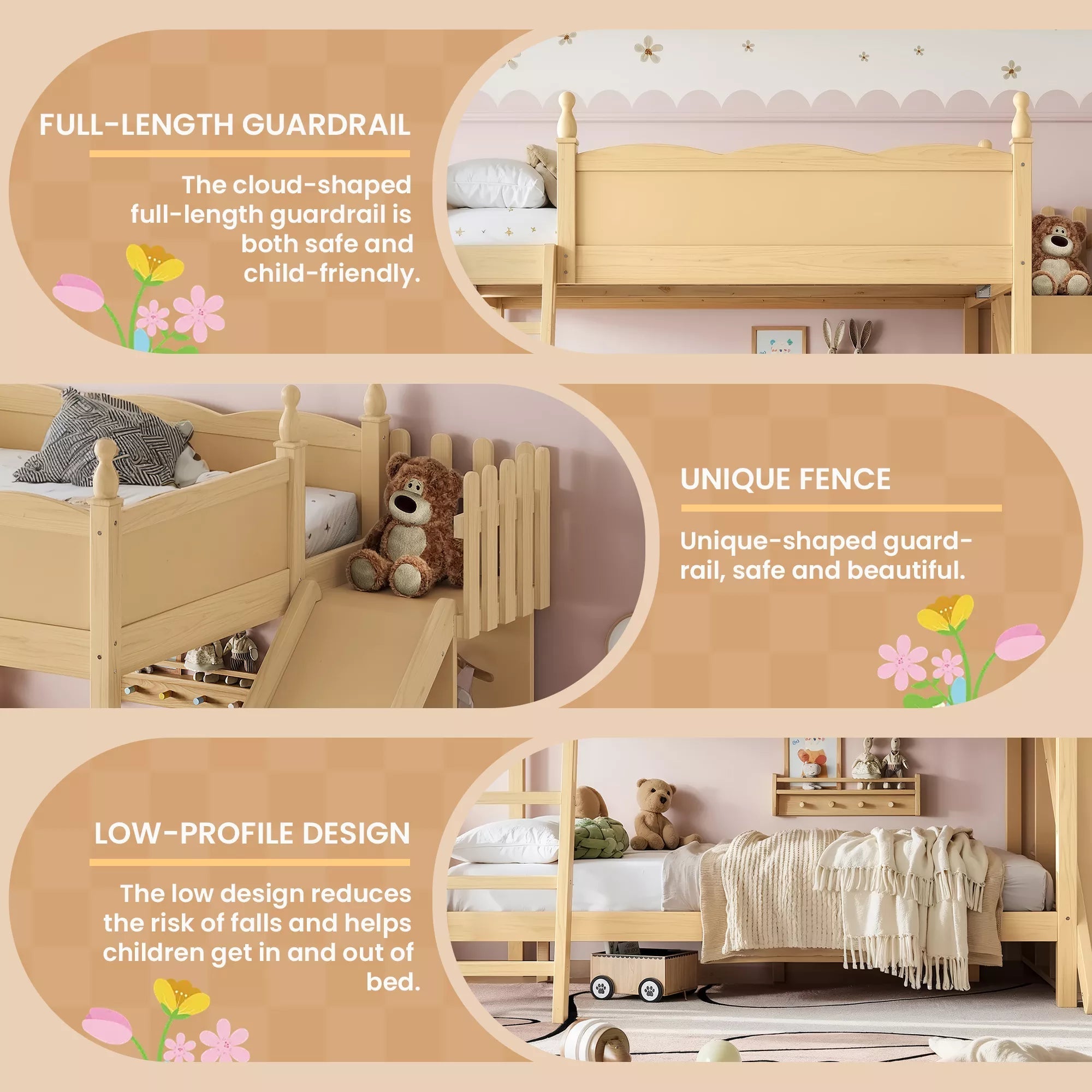 Bellemave® Full over Full Bunk Bed with Storage Shelves,Solid Wood Bed with Slide & Ladders, Low Profile Design - Bellemave