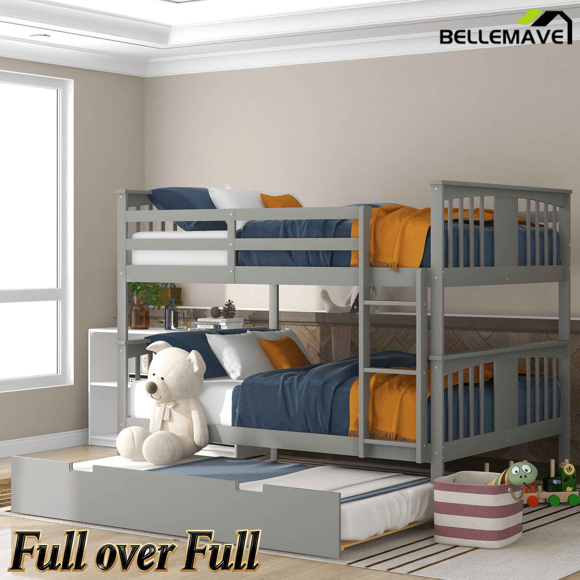 Bellemave® Full over Full Bunk Bed with Twin Size Trundle and Ladder,Gray - Bellemave