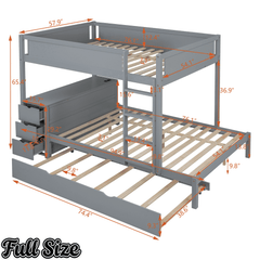 Bellemave® Full Over Full Bunk Bed with Twin Size Trundle, Storage Drawers and Desk, Bed Frame for 3 with Charging Station, Gray - Bellemave