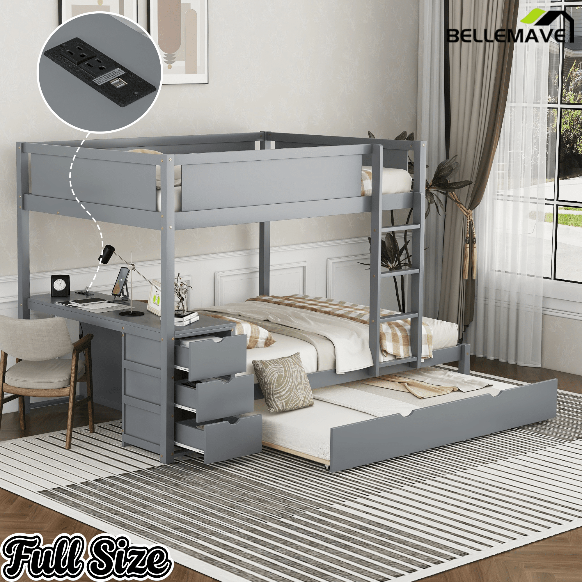 Bellemave® Full Over Full Bunk Bed with Twin Size Trundle, Storage Drawers and Desk, Bed Frame for 3 with Charging Station, Gray - Bellemave