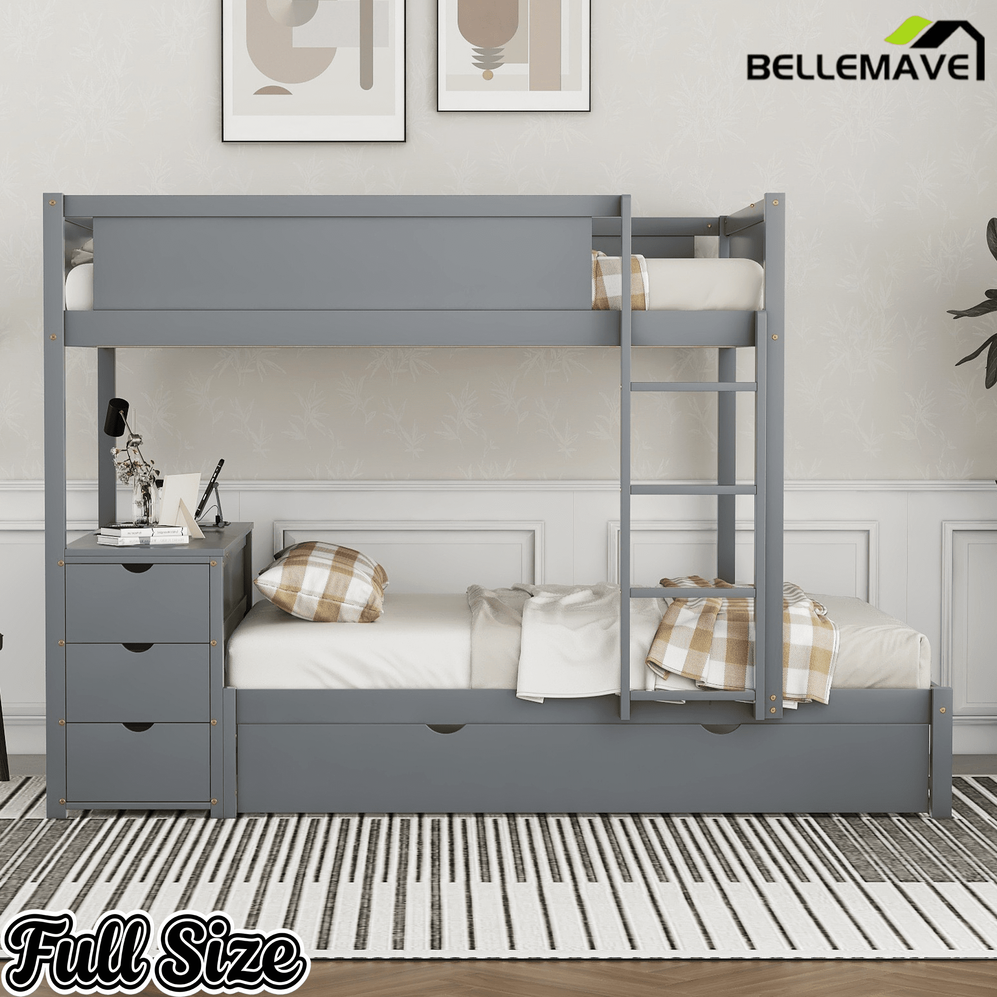 Bellemave® Full Over Full Bunk Bed with Twin Size Trundle, Storage Drawers and Desk, Bed Frame for 3 with Charging Station, Gray - Bellemave