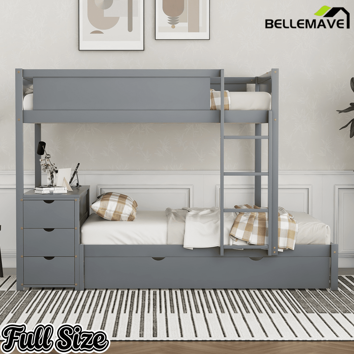 Bellemave® Full Over Full Bunk Bed with Twin Size Trundle, Storage Drawers and Desk, Bed Frame for 3 with Charging Station, Gray - Bellemave