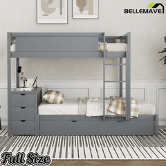 Bellemave® Full Over Full Bunk Bed with Twin Size Trundle, Storage Drawers and Desk, Bed Frame for 3 with Charging Station, Gray - Bellemave
