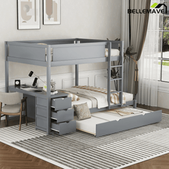 Bellemave® Full Over Full Bunk Bed with Twin Size Trundle, Storage Drawers and Desk, Bed Frame for 3 with Charging Station, Gray - Bellemave