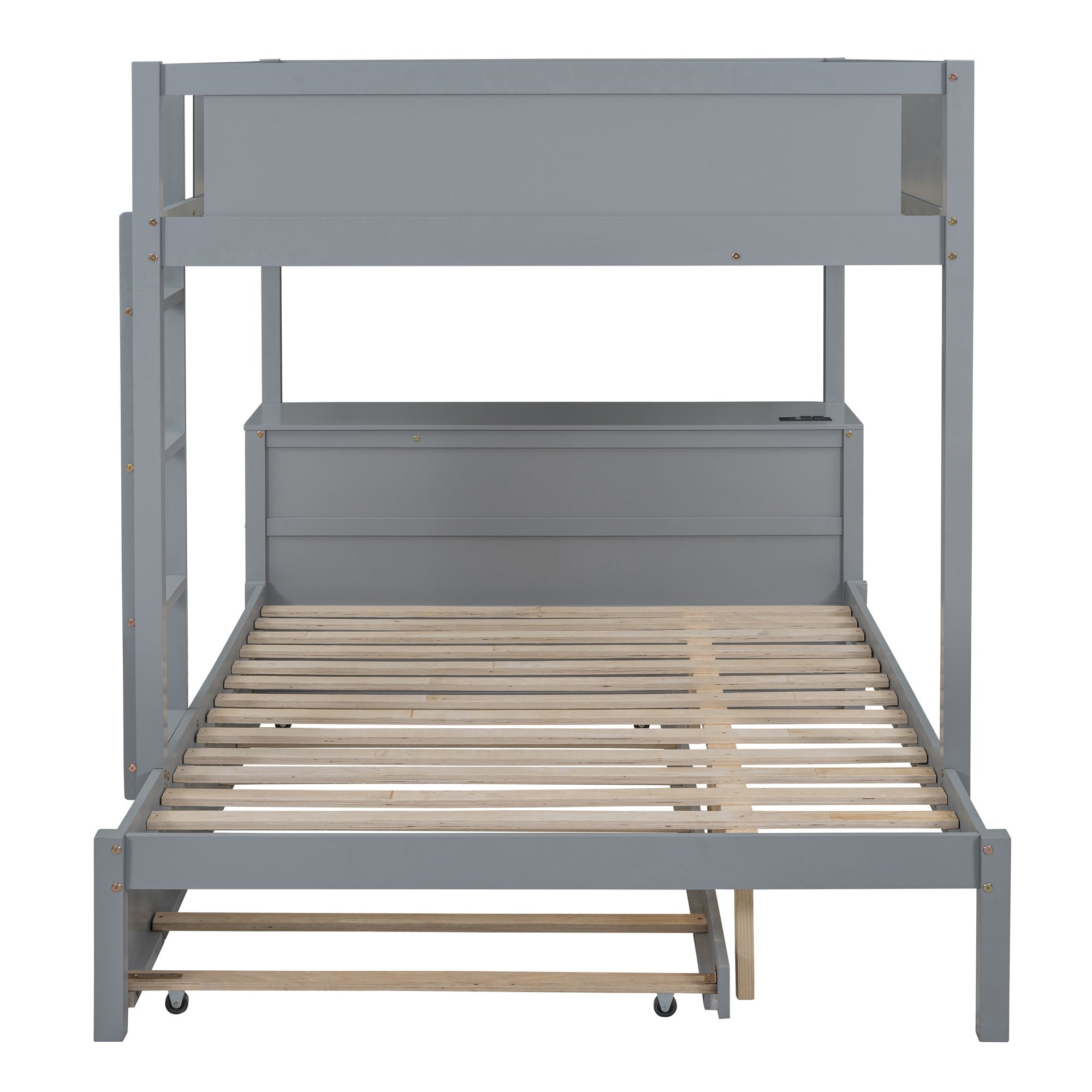 Bellemave® Full Over Full Bunk Bed with Twin Size Trundle, Storage Drawers and Desk, Bed Frame for 3 with Charging Station, Gray - Bellemave