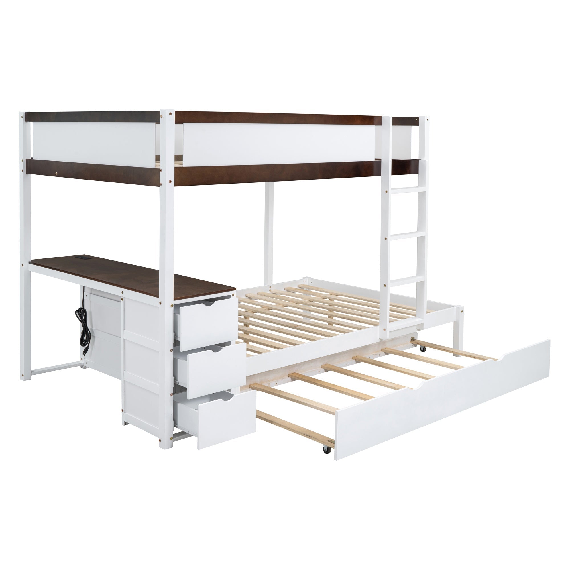 Bellemave® Full Over Full Bunk Bed with Twin Size Trundle, Wood Full Bunk Bed with USB Ports, Storage & Desk - Bellemave