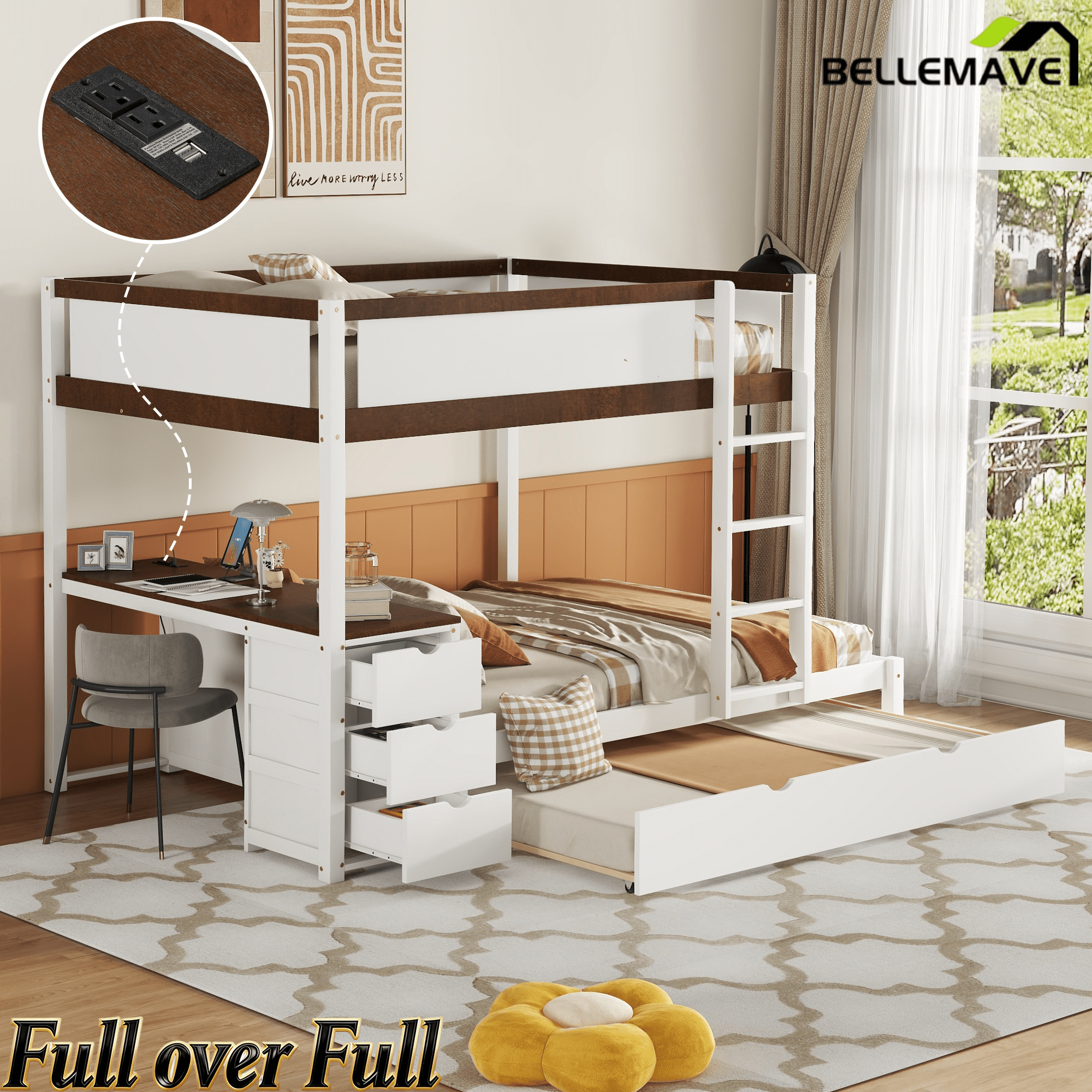 Bellemave® Full Over Full Bunk Bed with Twin Size Trundle, Wood Full Bunk Bed with USB Ports, Storage & Desk - Bellemave