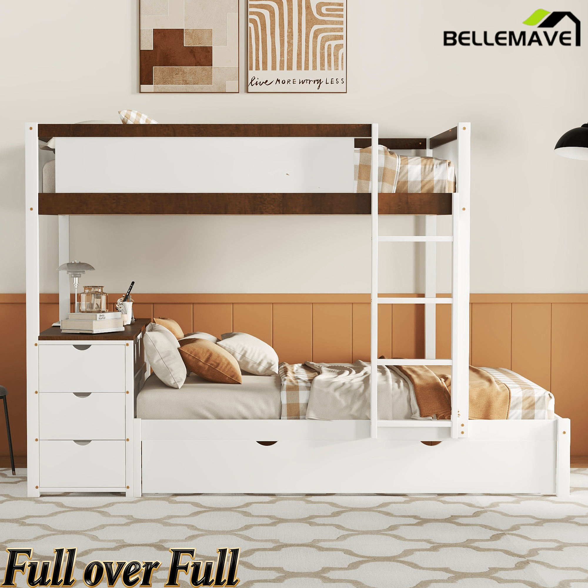 Bellemave® Full Over Full Bunk Bed with Twin Size Trundle, Wood Full Bunk Bed with USB Ports, Storage & Desk - Bellemave