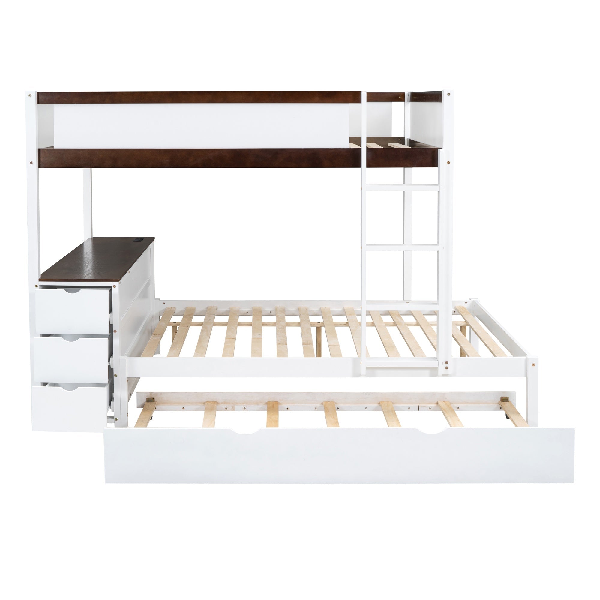 Bellemave® Full Over Full Bunk Bed with Twin Size Trundle, Wood Full Bunk Bed with USB Ports, Storage & Desk - Bellemave