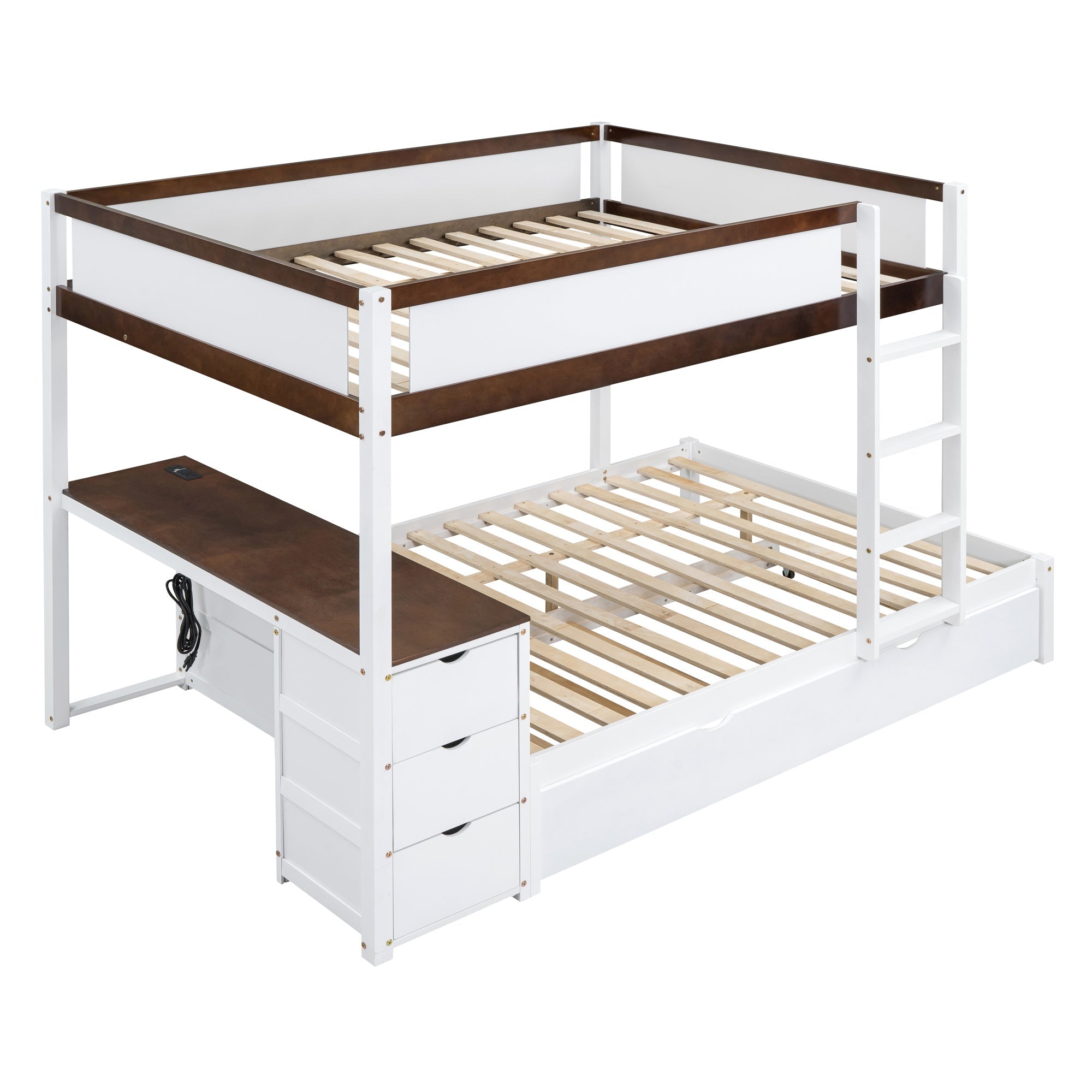 Bellemave® Full Over Full Bunk Bed with Twin Size Trundle, Wood Full Bunk Bed with USB Ports, Storage & Desk - Bellemave
