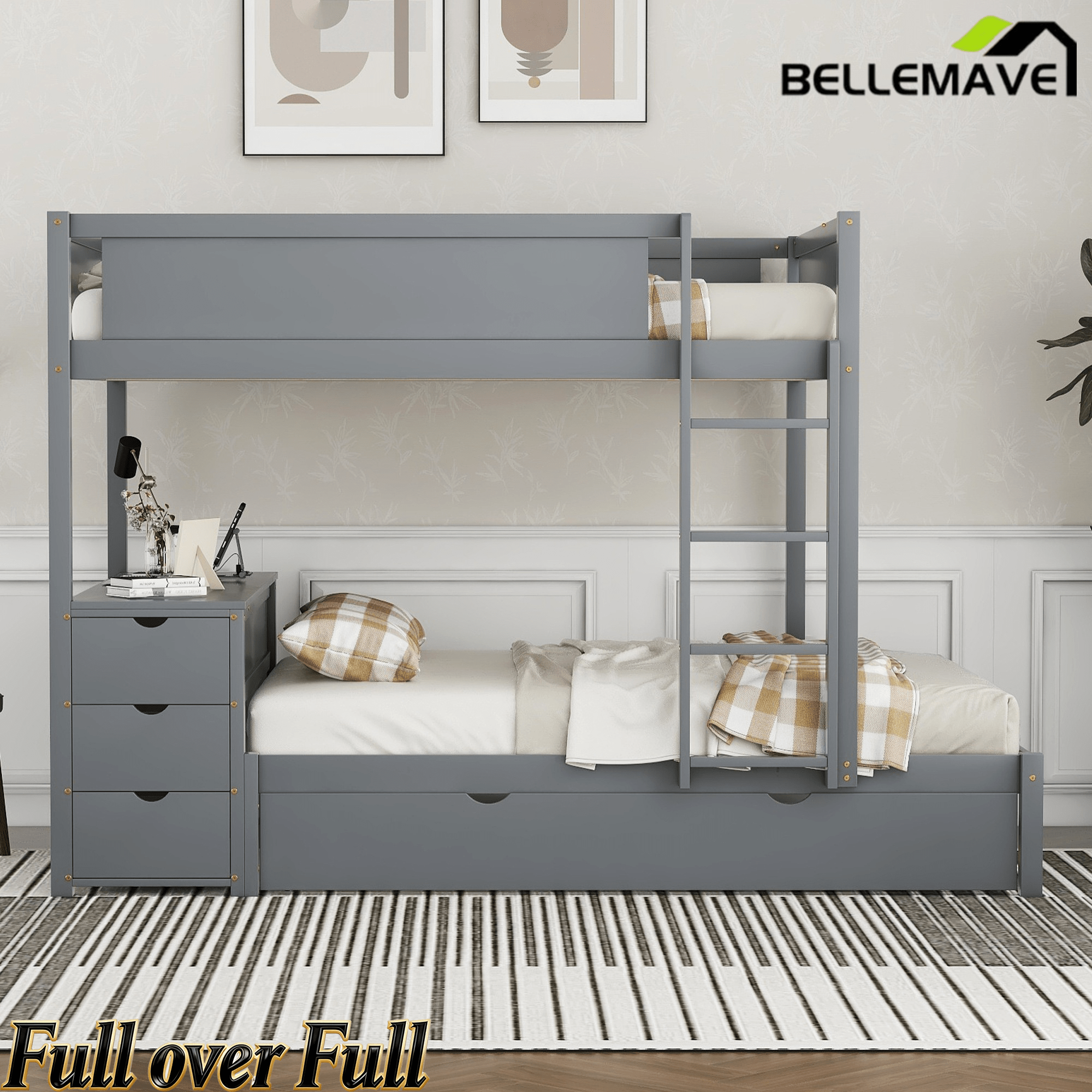 Bellemave® Full Over Full Bunk Bed with Twin Size Trundle, Wood Full Bunk Bed with USB Ports, Storage & Desk - Bellemave