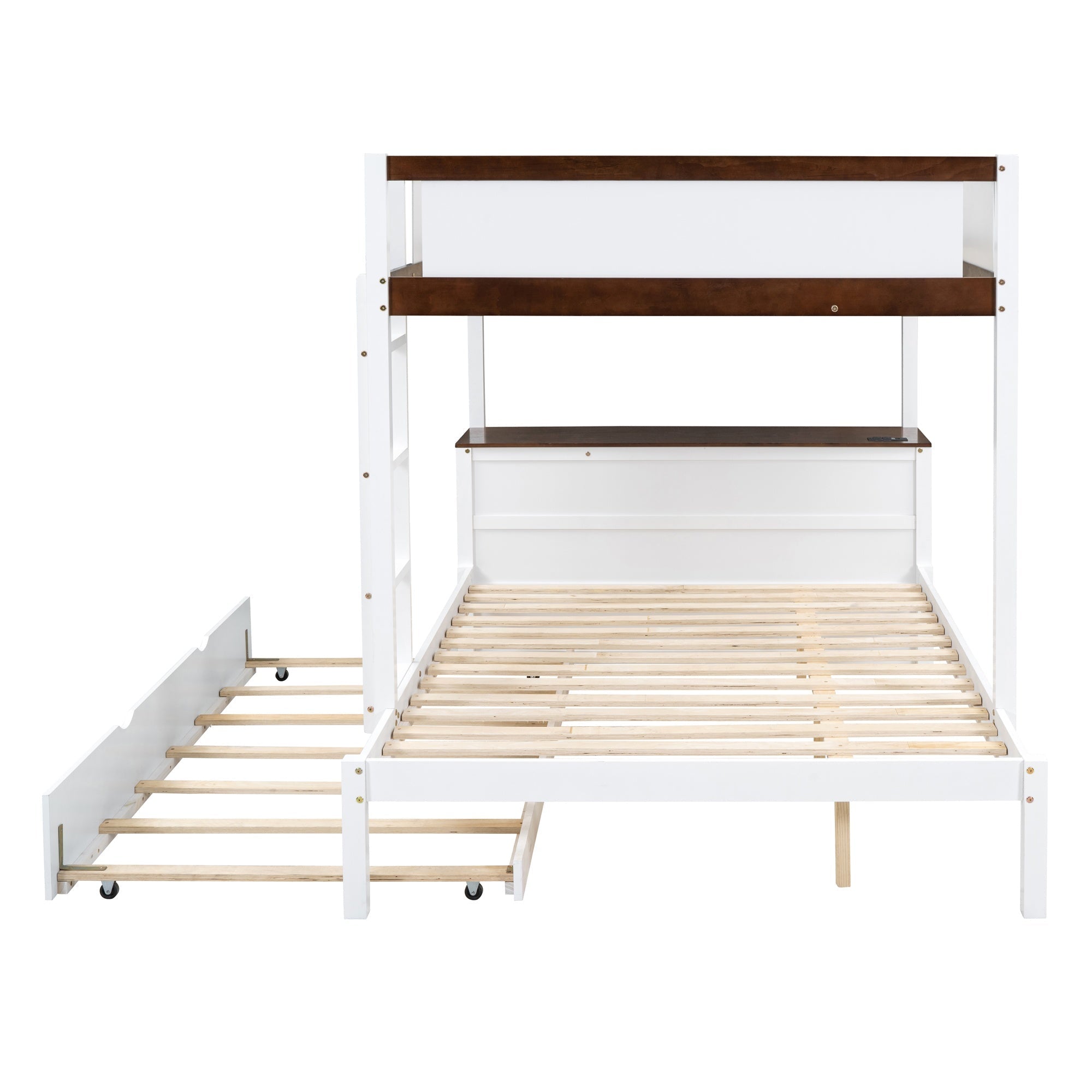 Bellemave® Full Over Full Bunk Bed with Twin Size Trundle, Wood Full Bunk Bed with USB Ports, Storage & Desk - Bellemave