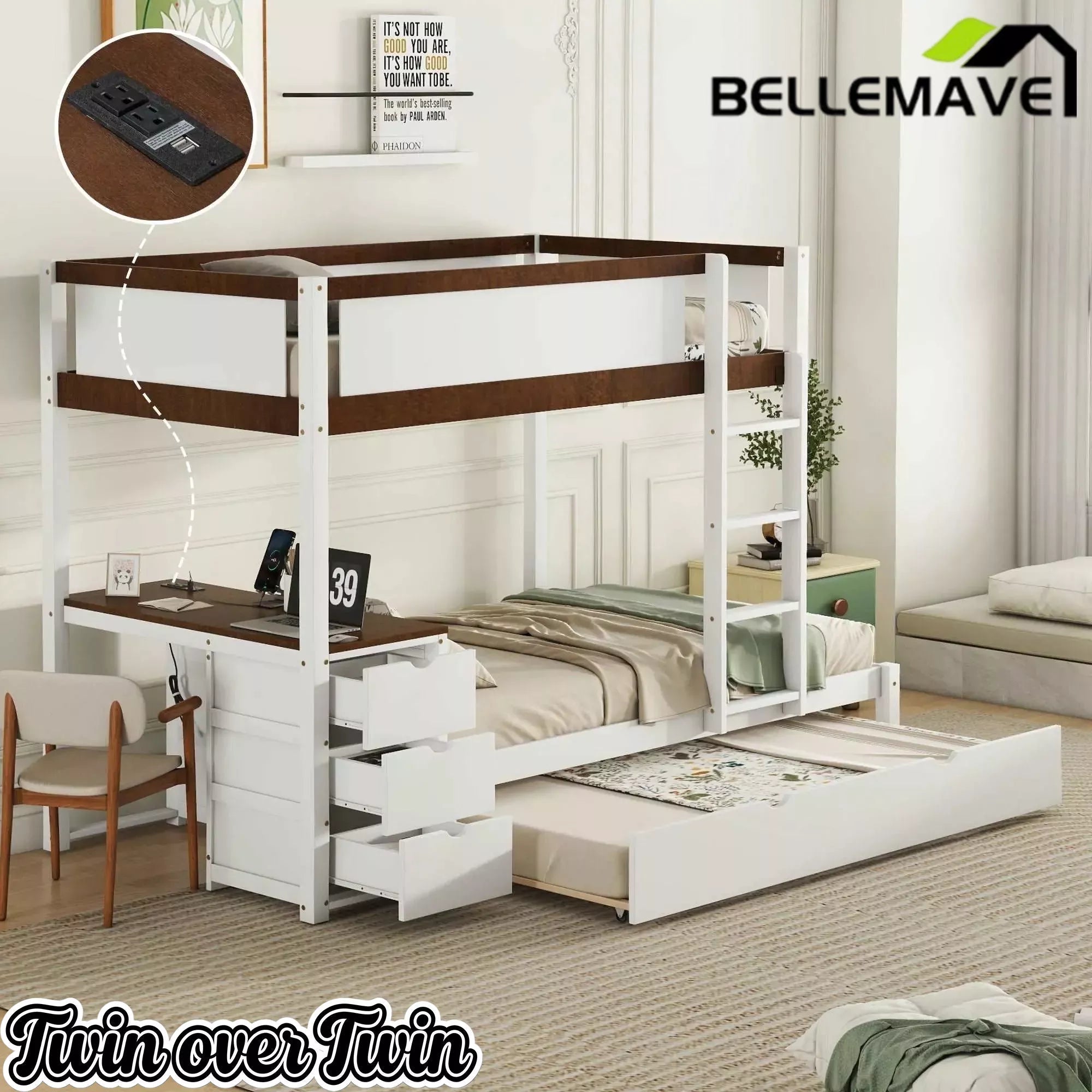 Bellemave® Full Over Full Bunk Bed with Twin Size Trundle, Wood Full Bunk Bed with USB Ports, Storage & Desk - Bellemave
