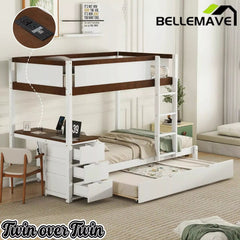 Bellemave® Full Over Full Bunk Bed with Twin Size Trundle, Wood Full Bunk Bed with USB Ports, Storage & Desk - Bellemave
